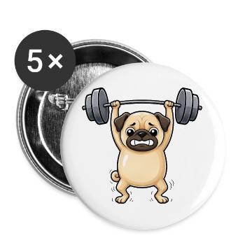Mops Hund Fitnessgewichtheber Hantel Gym - Buttons groß 56 mm (5er Pack) - Weiß - Vorne