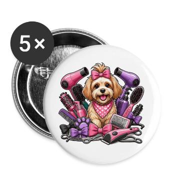 Frisierhund Glam Pink und Lila Styling - Buttons groß 56 mm (5er Pack) - Weiß - Vorne