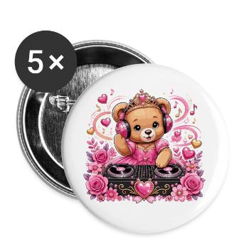 Pinkes Teddy DJ Prinzessin - Buttons groß 56 mm (5er Pack) - Weiß - Vorne