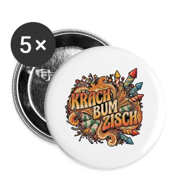 Silvester Feuerwerk Krach Bum Zisch - Buttons groß 56 mm (5er Pack) - Weiß - Vorne