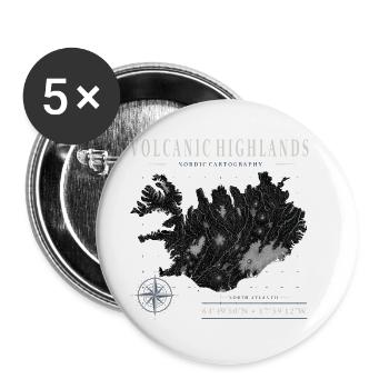 Island Hochland Vulkan Karte Kompass Koordinaten - Buttons groß 56 mm (5er Pack) - Weiß - Vorne
