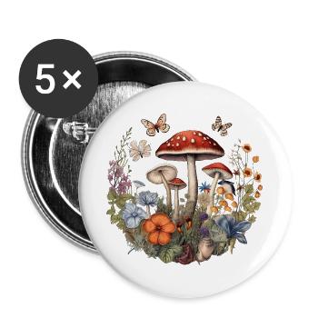 Schmetterlinge Pilze Wildblumen Botanisches Design - Buttons groß 56 mm (5er Pack) - Weiß - Vorne