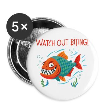 Piranha: Lächeln und Warnen... - Buttons groß 56 mm (5er Pack) - Weiß - Vorne