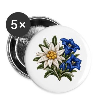 Edelweiß und Enzian im Stickerei-Look - Buttons groß 56 mm (5er Pack) - Weiß - Vorne
