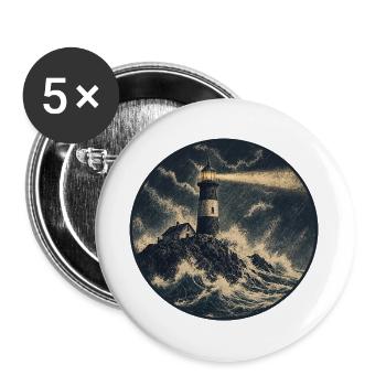 Leuchtturm im Sturm auf Felsen - Buttons groß 56 mm (5er Pack) - Weiß - Vorne