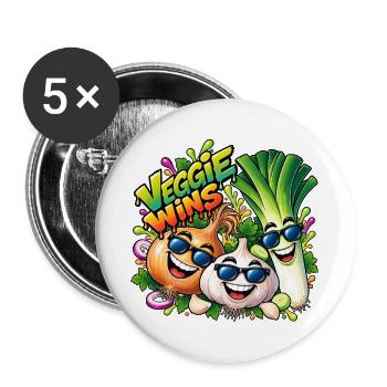 Veggie Wins: Fröhliche Gemüsefreunde - Buttons groß 56 mm (5er Pack) - Weiß - Vorne