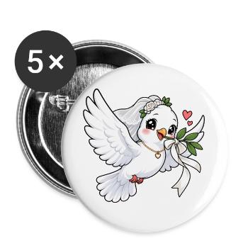 Hochzeitstaube Kawaii Style – Liebe & Hochzeit - Buttons groß 56 mm (5er Pack) - Weiß - Vorne
