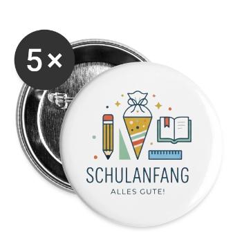 Schulanfang Motiv: Erstes Schuljahr - Buttons groß 56 mm (5er Pack) - Weiß - Vorne