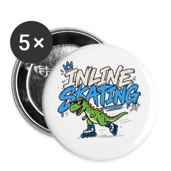 Inline Skating Dino auf Inlinern - Buttons groß 56 mm (5er Pack) - Weiß - Vorne