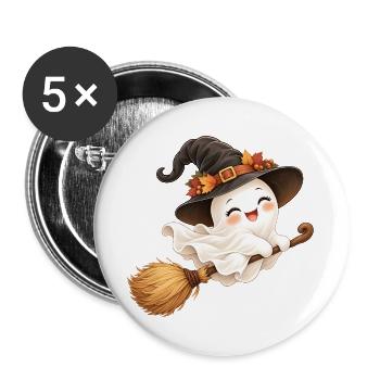 Halloween-Geist auf dem Hexenbesen - Buttons groß 56 mm (5er Pack) - Weiß - Vorne