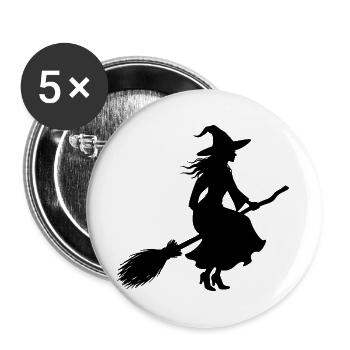 Hexe auf Hexenbesen Silhouette Halloween T-shirt  - Buttons groß 56 mm (5er Pack) - Weiß - Vorne