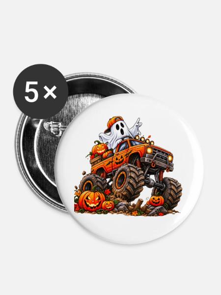 Halloween Monstertruck mit Geist - Buttons groß 56 mm (5er Pack) - Weiß