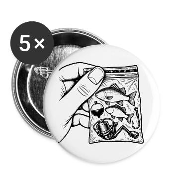 Fischersucht – Fischfisch-Angelausrüstungsbeutel - Buttons groß 56 mm (5er Pack) - Weiß - Vorne