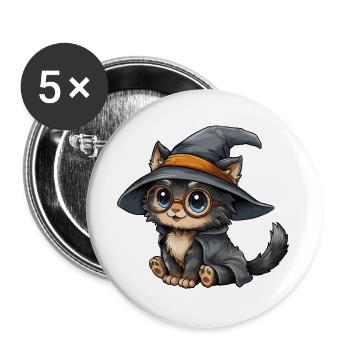 Katzenzauberer mit Brille - Buttons groß 56 mm (5er Pack) - Weiß - Vorne
