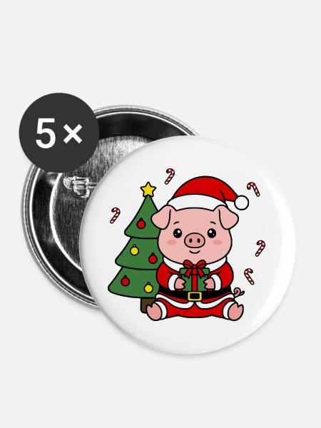 Niedliche Kawaii Pig Santa Weihnachtsbaum-Geschenkbaumkunst - Buttons groß 56 mm (5er Pack) - Weiß