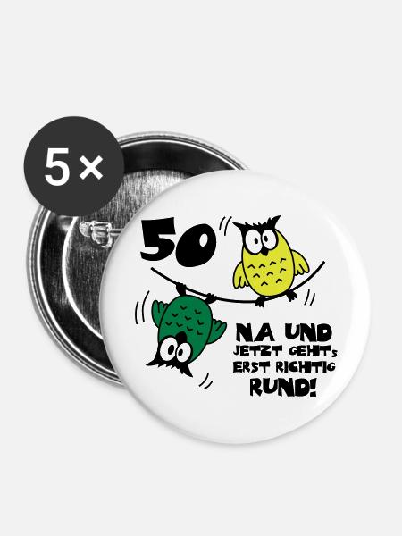 Geburtstag 50, Eulen am Drahtseil, rund - Buttons groß 56 mm (5er Pack) - Weiß