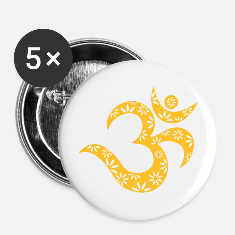 OM Mantra symbol, flowers, patterns, Aum, Buddhism - Buttons large 2.2''/56 mm (5-pack) - white