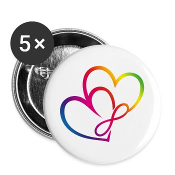 Zwei Herzen Regenbogen Infinity Love CSD LGBT - Buttons groß 56 mm (5er Pack) - Weiß - Vorne
