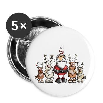 Weihnachtsmann und seine Rentiere - Buttons groß 56 mm (5er Pack) - Weiß - Vorne