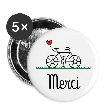 MERCI. THANKS. VELO. THANK YOU. ANNIVERSAIRE - Lot de 5 grands badges (56 mm) - blanc - Devant