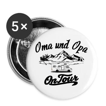 Oma und Opa on Tour Wohnwagen - Buttons groß 56 mm (5er Pack) - Weiß - Vorne