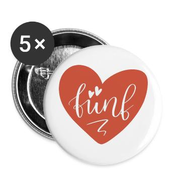 Fünf im roten Herz - 5. Geburtstag 5. Jahrestag - Buttons groß 56 mm (5er Pack) - Weiß - Vorne