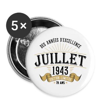 79 Ans Anniversaire Vintage Né(e) en Juillet 1943 - Lot de 5 grands badges (56 mm) - blanc - Devant