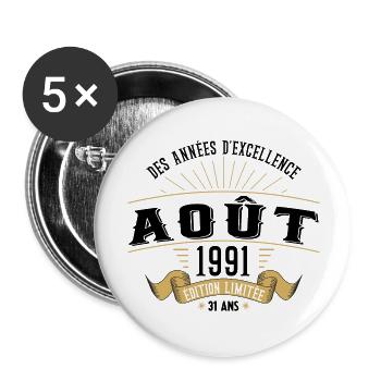 31 Ans Anniversaire Vintage Né(e) en Août 1991 - Lot de 5 grands badges (56 mm) - blanc - Devant