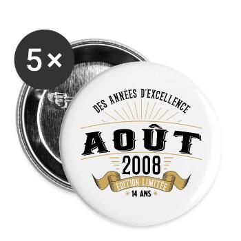 14 Ans Anniversaire Vintage Né(e) en Août 2008 - Lot de 5 grands badges (56 mm) - blanc - Devant