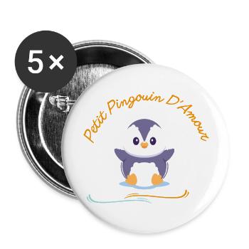 Petit pingouin d'amour - Lot de 5 grands badges (56 mm) - blanc - Devant