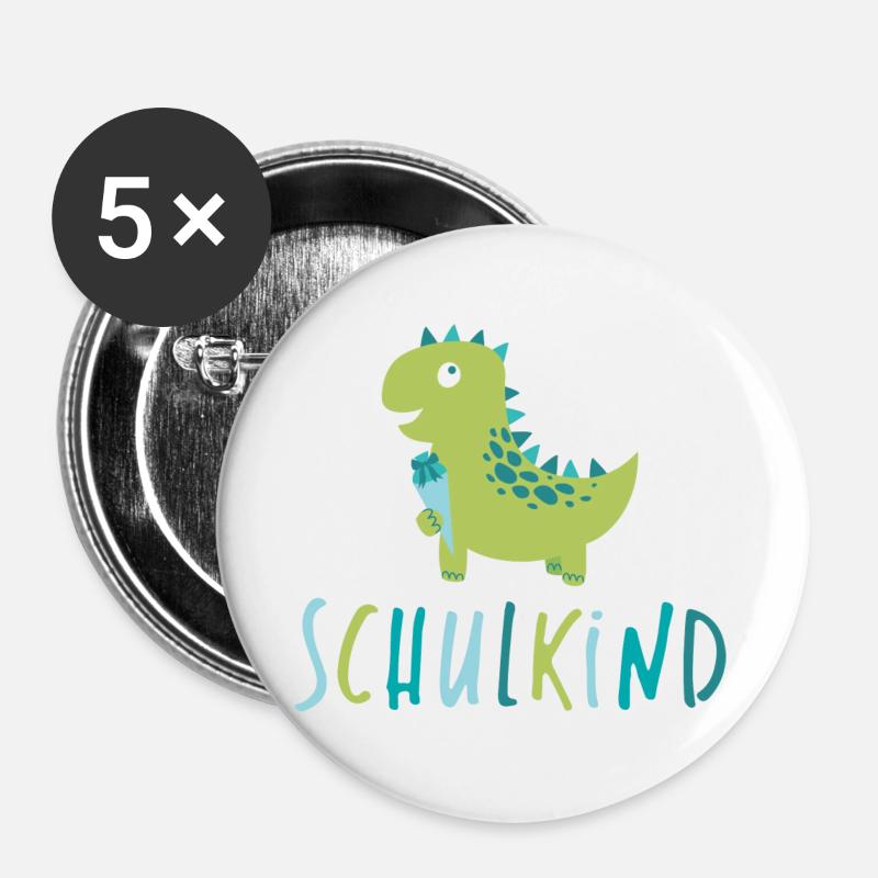 Schulkind - Dino - Buttons groß 56 mm (5er Pack) - Weiß