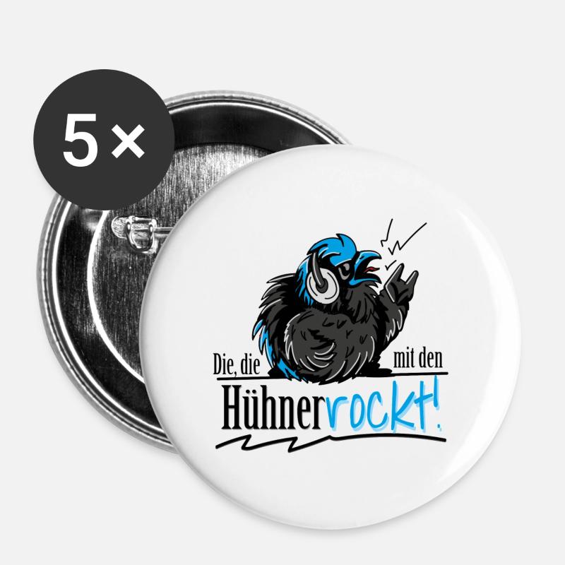 Mit Hühnern rocken - Buttons groß 56 mm (5er Pack) - Weiß