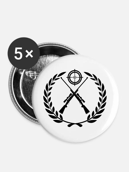 Jägerlogo mit zwei gekreuzten Schrotflinten - Buttons groß 56 mm (5er Pack) - Weiß