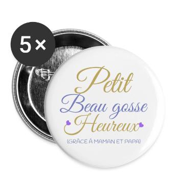 Petit beau gosse heureux grâce à maman et papa - Lot de 5 grands badges (56 mm) - blanc - Devant