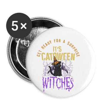 Katzen Halloween Catoween - Buttons groß 56 mm (5er Pack) - Weiß - Vorne