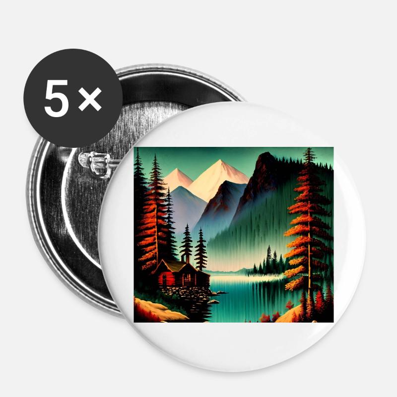 Retro Gebirge mit See - Buttons groß 56 mm (5er Pack) - Weiß