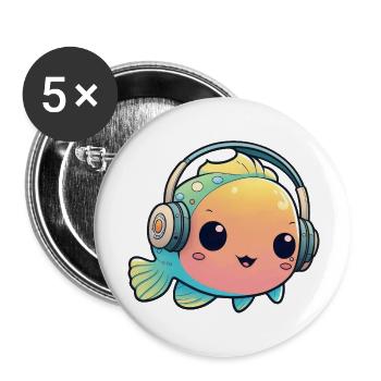 Kawaii Cute Happy Colorful Fish avec des écouteurs - Lot de 5 grands badges (56 mm) - blanc - Devant