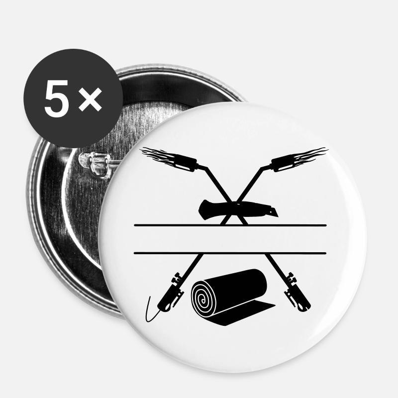 Zwei gekreuzte Gasbrenner Stanley Messer Monogramm - Buttons groß 56 mm (5er Pack) - Weiß