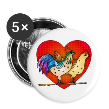 Poule et coq - Lot de 5 grands badges (56 mm) - blanc - Devant