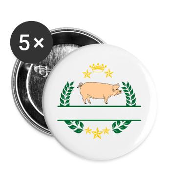 Schwein im grünen Lorbeerkranz mit goldgelber Krone - Buttons groß 56 mm (5er Pack) - Weiß - Vorne