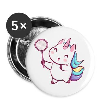 Mignonne licorne kawaii jouant au tennis de badminton - Lot de 5 grands badges (56 mm) - blanc - Devant