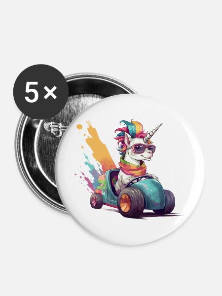 Einhorn mit dem Auto - Buttons groß 56 mm (5er Pack) - Weiß