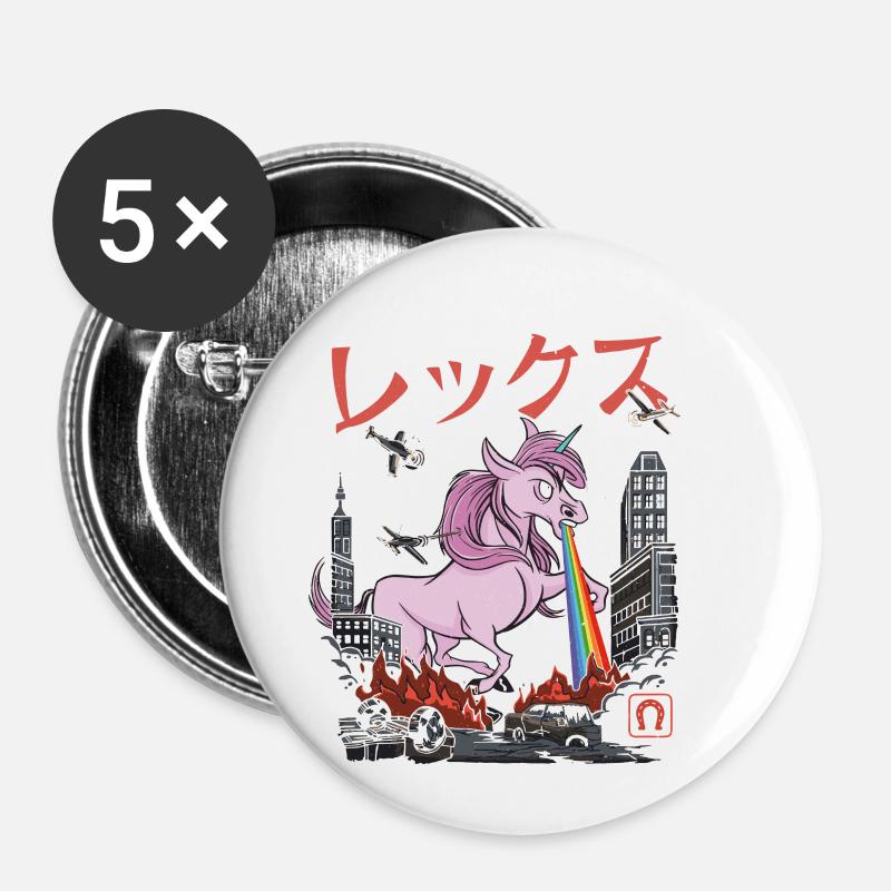 Wütendes Einhorn mit Regenbogen Strahl - Buttons groß 56 mm (5er Pack) - Weiß