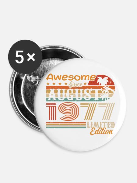 1977 August Geschenkidee August 1977 - Buttons groß 56 mm (5er Pack) - Weiß
