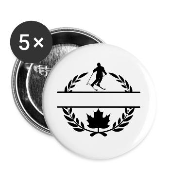 Kanada Ahornblatt mit Skifahrer, Skilorbeerkranz - Buttons groß 56 mm (5er Pack) - Weiß - Vorne