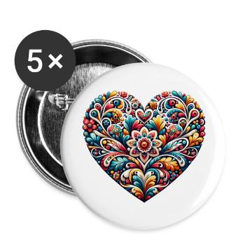 coeur floral bleu et rose inspiré d'art russe - Lot de 5 grands badges (56 mm) - blanc - Devant
