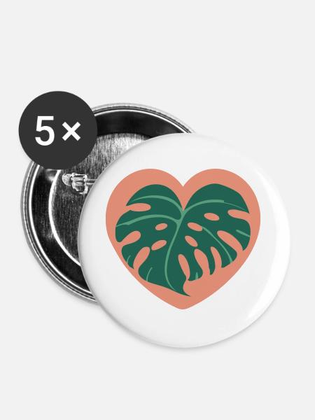 Herz Monstera Tropenstil - Buttons groß 56 mm (5er Pack) - Weiß