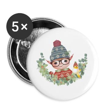 zauberhafter süßer Weihnachtself mit Vogel - Buttons groß 56 mm (5er Pack) - Weiß - Vorne