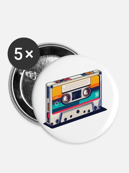 Retro-Musik auf Kassette - Buttons groß 56 mm (5er Pack) - Weiß