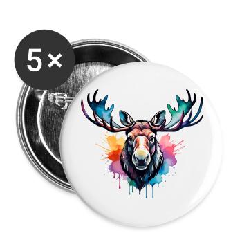Elch cool im Wald, buntes Design, Aquarell - Buttons groß 56 mm (5er Pack) - Weiß - Vorne